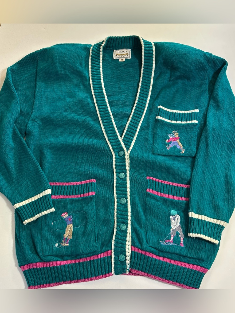 Pringle Scotland Sweater Sz M Teal Cotton VNeck Embroidered Golf preppy Vintage